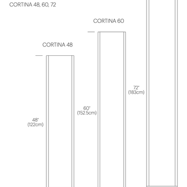 Pablo Designs Cortina floor lamp dimensions diagram, 48, 60 and 72 inch, from the spec sheet