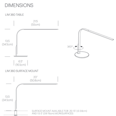 Pablo Designs LIM360 table lamp dimensions diagram including surface mount, from the spec sheet