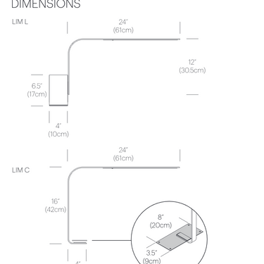 Pablo Designs LIM C under-shelf task light dimensions diagram