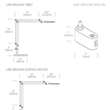 Pablo Designs Link clamp lamp dimensions diagram including surface mount, from the spec sheet