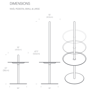 Pablo Designs Nivél pedestal lamp dimensions diagram, small and large, from the spec sheet