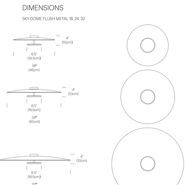 Pablo Designs Sky Dome metal flush dimensions diagram, 18, 24 and 32 inch, from the spec sheet