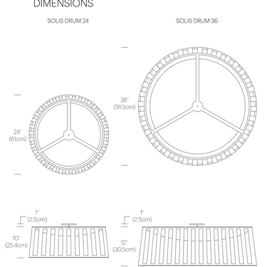Pablo Designs Solis Drum flush mount dimensions diagram, 24 and 36 inch, from the spec sheet