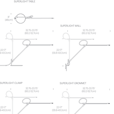 Pablo Designs Superlight desk, wall, clamp and grommet dimensions diagram