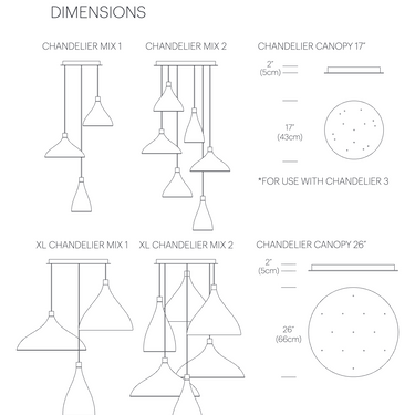 Pablo Designs Swell 3-light chandelier dimensions diagram from the spec sheet