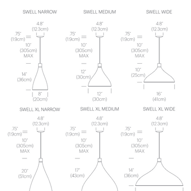 Pablo Designs Swell single wide pendant dimensions diagram from the spec sheet