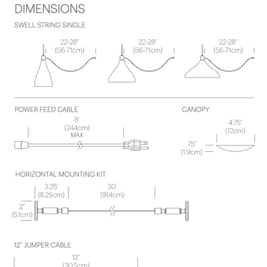 Pablo Designs Swell string single narrow pendant dimensions diagram from the spec sheet