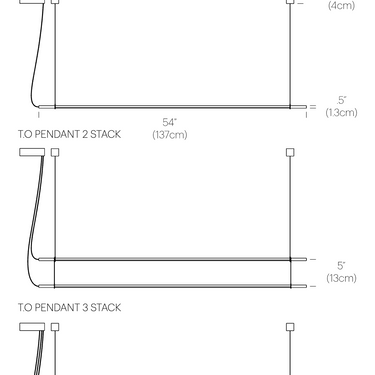 Pablo Designs T.O pendant dimensions diagram, single, 2-stack and 3-stack