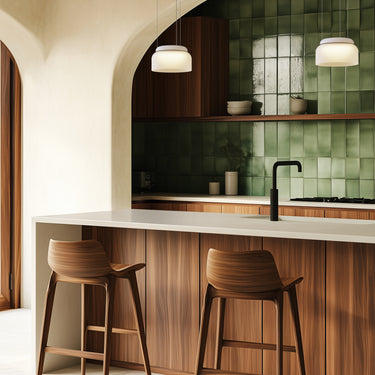 Totem Mini pendants in white by Pablo in a green tile kitchen