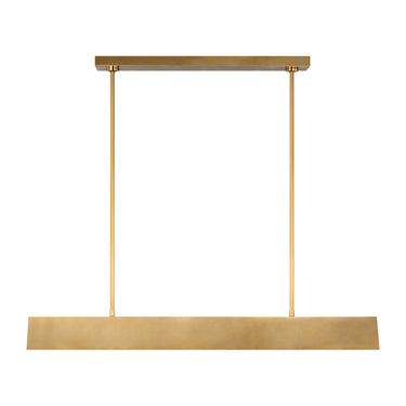 Kelly Wearstler Pench 42-inch natural brass linear chandelier with integrated LED for modern dining rooms.