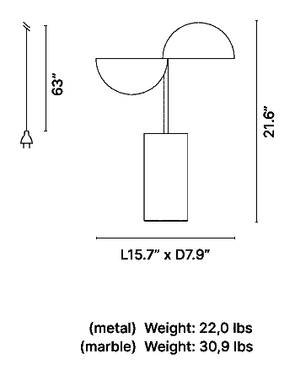 Dimension drawing of the Penta Elisabeth Large table lamp, L 15.7 in x D 7.9 in, H 21.6 in