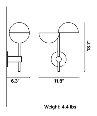 Dimension drawing of the Penta Elisabeth wall sconce, 6.3 in x 11.8 in, H 13.7 in
