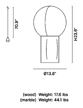 Dimension drawing of the Penta Je Suis table lamp, Ø13.8 in, H 23.6 in