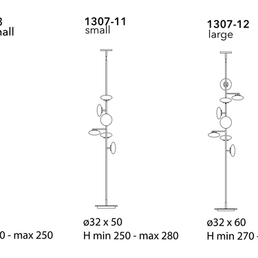 Dimensions drawing of the Penta Mami floor-ceiling lamp in extra small, small and large sizes