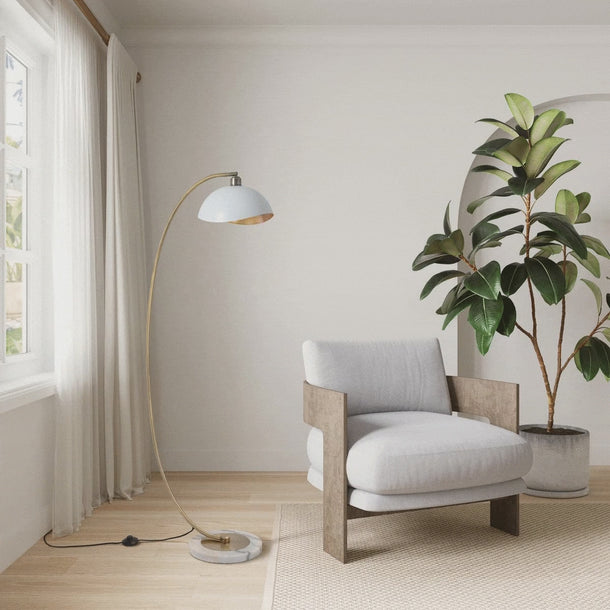 Nova of California Luna Bella Chairside Arc Floor Lamp 60 Weathered Brass Matte White Gold Leaf Shade