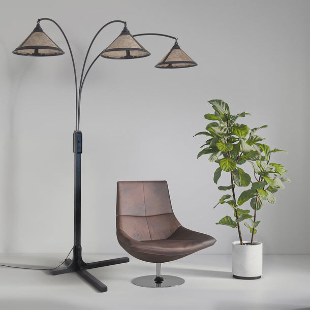 Nova of California Natural Mica 3 Light Arc Floor Lamp 86 Charcoal Gray Wood Gunmetal Silver Mineral Mica