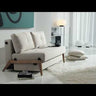 Cubed Queen Sleeper Sofa in 527 Mixed Dance Natural with wood legs by Innovation Living styled in a modern living room setting for small-space interiors