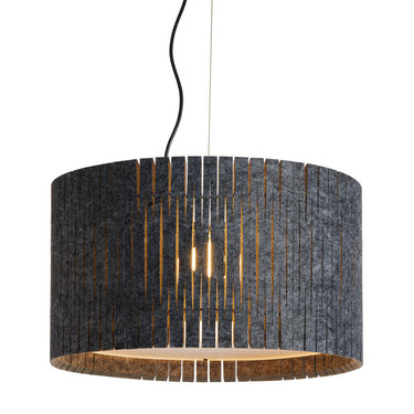 Kerflights D6 felt drum pendant by Graypants, dark gray felt, glowing at night