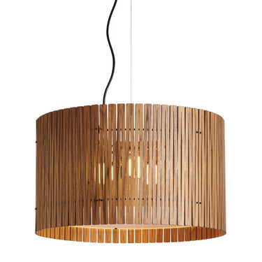 Graypants Kerflights D6 wood drum pendant in Black Walnut, studio view on white