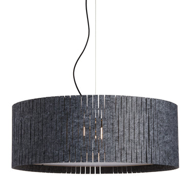 Kerflights D9 felt drum pendant by Graypants, 33 in wide, dark gray felt, lit