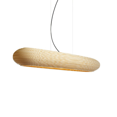 Graypants Disc 48 Linear pendant in Blonde cardboard, lit, three-quarter angle