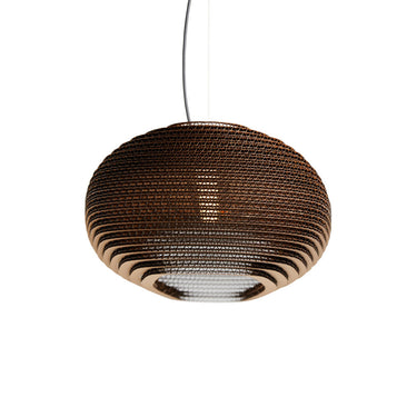 Disc 48 Linear cardboard pendant by Graypants, Natural finish, lit, seen end-on