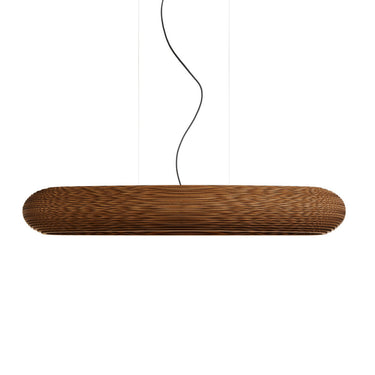 Graypants Disc 48 Linear pendant in the Natural finish, lit, seen from the side