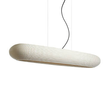 Disc 48 Linear cardboard pendant in White, switched off, angled view of the clean edges