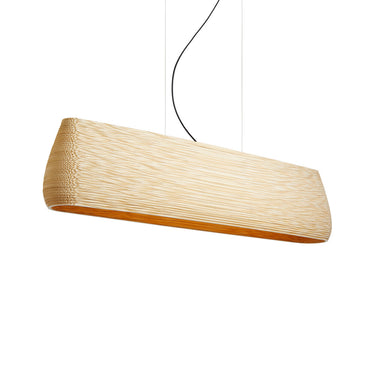 Graypants Drop 48 Linear pendant in the Blonde finish, lit, three-quarter angle