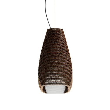 Drop 48 Linear cardboard pendant by Graypants, Natural finish, seen end-on to show the deeper profile