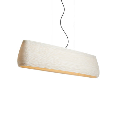 Graypants Drop 48 Linear pendant in the knife-cut White finish, lit, three-quarter angle