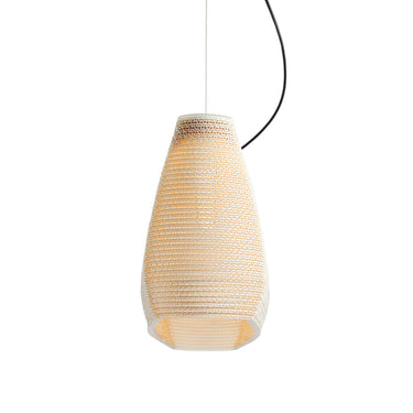 Drop 48 Linear pendant in White cardboard, lit, seen from the end