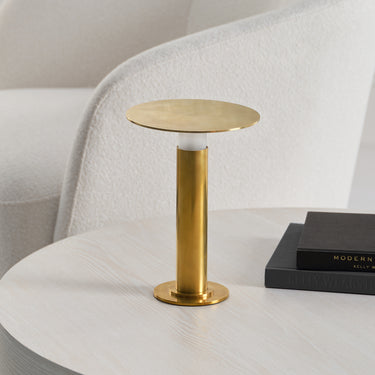 Kelly Wearstler designed Miguel 10" accent lamp, antique brass, ideal for nightstands.