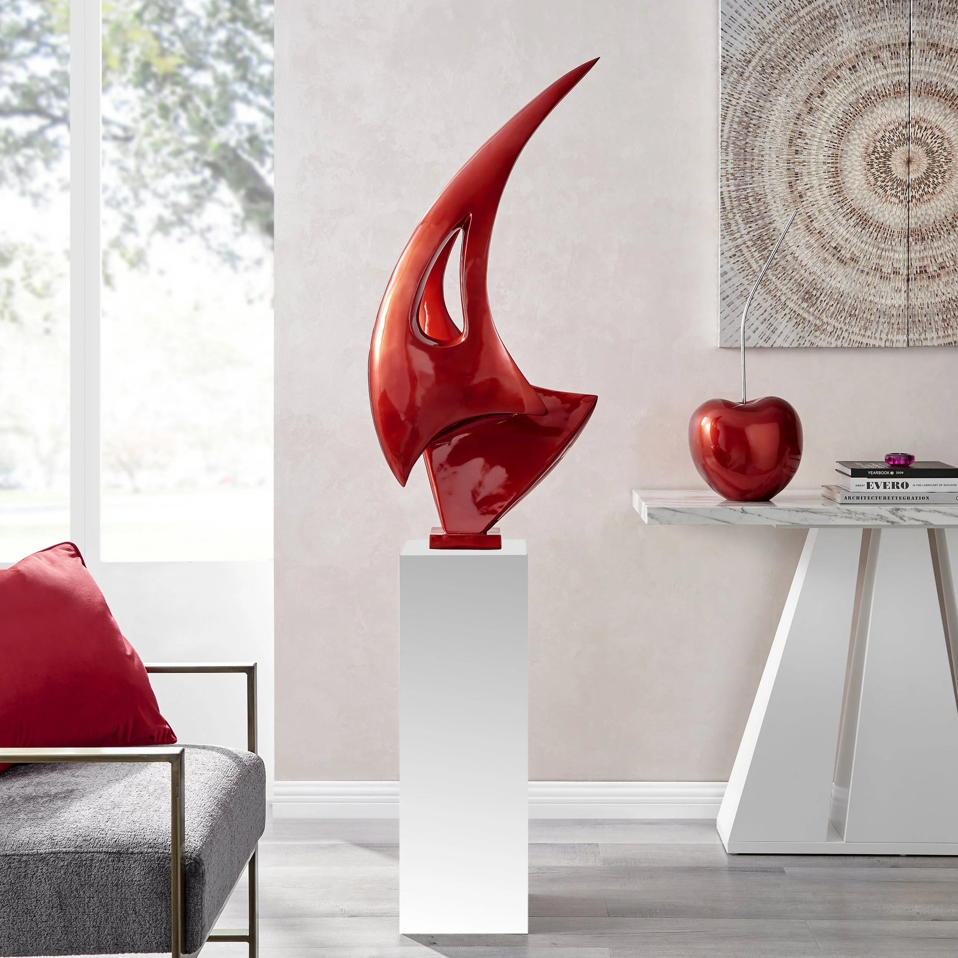 Sail Floor Sculpture 70" Tall - Mettalic Red with White Stand by Finesse Decor 2