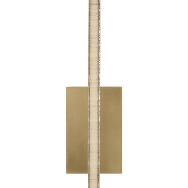 Close-up of Serre 13-inch sconce showing raw-cut crystal and metal frame in natural brass finish