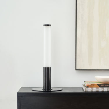 Elegant bronze Miguel table lamp, 12-14 hour battery life, perfect for reading nook.