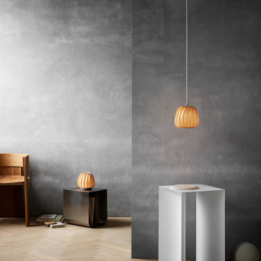 Natural Birch over a table, lit | ST906 Mini Pendant by Tom Rossau