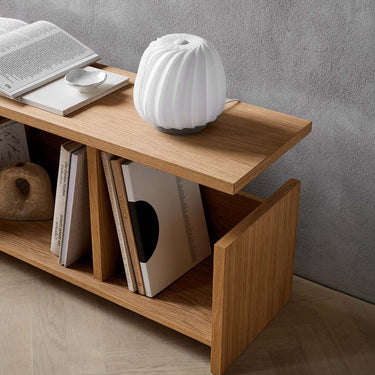 White Coated Paper, unlit on a bookshelf | ST906 Mini Table Lamp by Tom Rossau