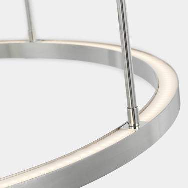 Close-up of Stagger Ring Chandelier by Mick De Giulio, Polished Stainless Steel finish, highlighting acrylic shade.