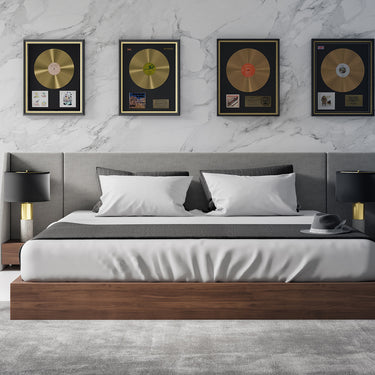 Nova Domus Janice Grey Fabric & Walnut Bed & Nightstands