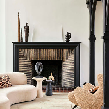 Collage wool rug in Beige, styled in a room