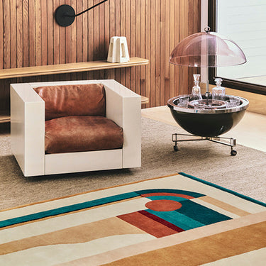 Hacienda multicolor wool rug styled in a living room
