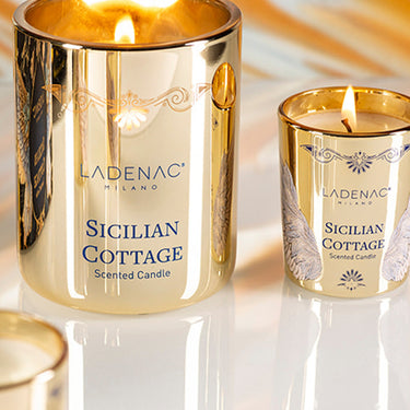 Ladenac Sicilian Cottage 330 g candle – lit candle in its gold jar