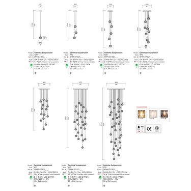 Viso Gemma pendant dimension drawing for 1, 3, 5, 9, 14, 26 and 36 light clusters, canopy widths 5 to 38 inches, overall drop 106 inches