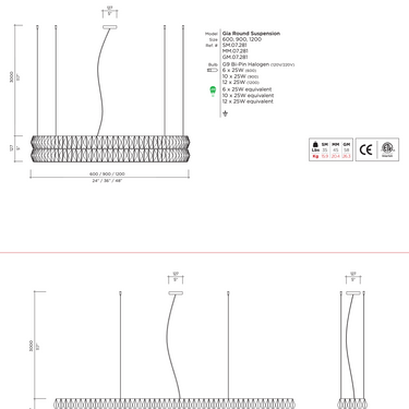Viso Gia Linear dimensions and technical drawing, 48, 72 and 96 inch linear suspensions, 117 inch overall drop