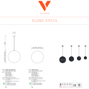 Viso Globo dimensions and technical drawing, four diameters from 11.8 to 25.6 inches, 117 inch overall drop