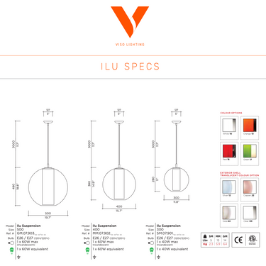Viso Ilu dimensions and technical drawing, 11.8, 15.7 and 19.7 inch pendants, 117 inch overall drop
