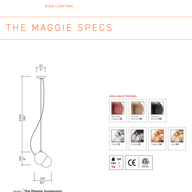 Viso Maggie dimensions and technical drawing, 8.2 inch spun steel globe pendant, 106 inch overall drop