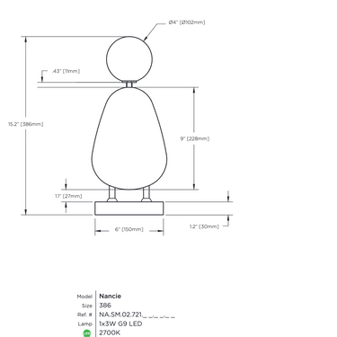 Viso Nancie dimensions and technical drawing, 15.2 inch table lamp with 6 inch base
