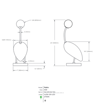 Viso Pablo dimensions and technical drawing, 22 inch table lamp with 7 inch base